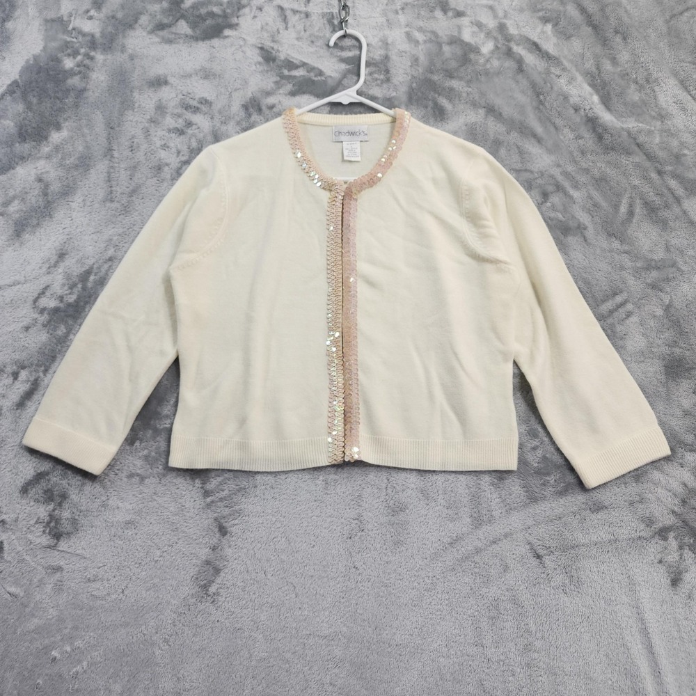 Vintage Chadwicks Sweater Womens L White Sequins Cardigan 3/4‎ Sleeve Coquette